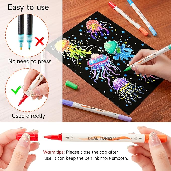 Shuttle Art 24 pack Dual Tone Acrylic Paint Markers, 48 Colors Acrylic Paint Pens for Rock Painting, Ceramic, Wood, Canvas, Glass, Stone, Fabric, Card Making, DIY & Art Supplies