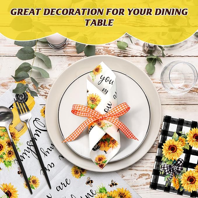 Fulmoon 200 Pieces Summer Sunflower Cocktail Napkins Disposable Floral Dessert Paper Napkins Bulk Sunshine Decoupage Beverage Towel for Summer Sun Party Dinner Decorative