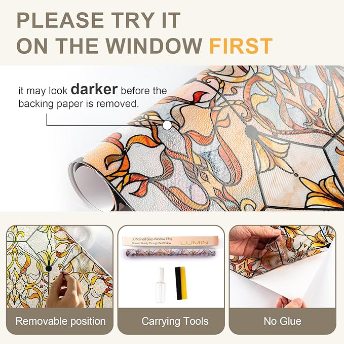 3D Stained Glass Window Privacy Film, Heat Control UV Blocking Static Cling Decorative Window Film for Bathroom,Front Door,Home Non Adhesive 16.9 x 78.7 inches Golden Filigree