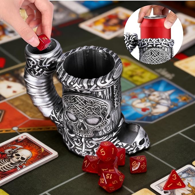 Dice Tower Mug, Dice Rolling Tower, Comes with 7 PCS Dice Set, Suitable for DND Dungeons and Dragons, Tabletop Games, Available As Drink Holder, D&D Gifts, DND Accessories (Silver Skull)