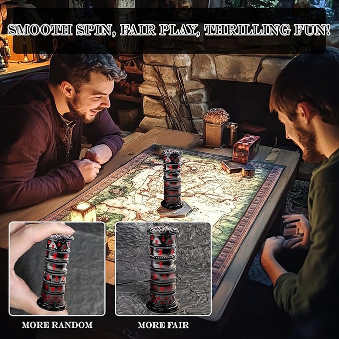 DND Dice Spinner Tower Set - Unique D4 D6 D8 D10 D10% D12 D20 All in One D&D Metal Dice - Cool Role Playing Gifts for Dungeons and Dragons TRPG MTG Games Lover Player (Tower-Black Nickel Red)