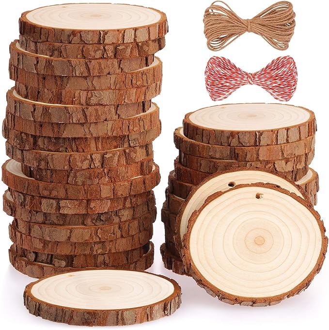 Fuyit Natural Wood Slices 30 Pcs 2.8-3.1 Inches Craft Wood Kit Unfinished Predrilled with Hole Wooden Circles Tree Slices for Arts and Crafts Christmas Ornaments DIY Crafts