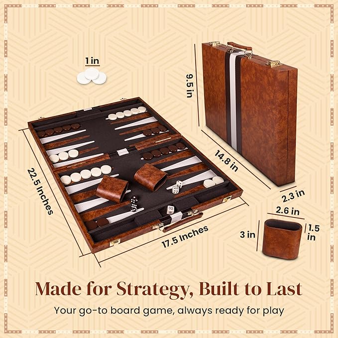 Backgammon Sets for Adults with Premium Leather Case | Classic Travel Backgammon Set for Adults and Kids with Strategy & Guide | 15 Inches | Medium | Brown