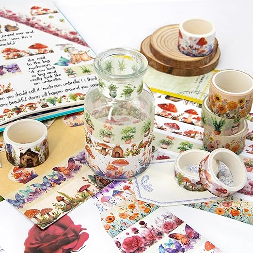 Washi Tape Set 13 Rolls - Mushroom Butterfly Floral Decorative Tape, Colored Masking Tape for Scrapbooking Supplies, Bullet Journal Supplies, Junk Journal, DIY Crafts Art