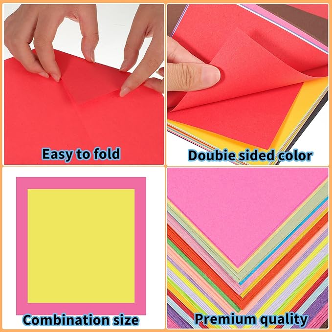 Square Origami Paper, 200 Sheets, 20 Colors Origami Kit for Kids Ages 8-12, Double Sided Colored Paper Folding Paper Origami Paper for Crafts(100 pcs of 6×6in & 100pcs of 8×8in)
