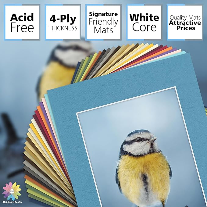 Mat Board Center, Pack of 25, 11x14 for 8x10 Mixed Color Mats - Acid Free, 4-ply Thickness, White Core - for Pictures, Photos, Framing