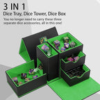 Dice Tower & Tray Storage Box, 3 in 1 Dice Holder Case (Rolling Tower Dice Storage Drawers, Rolling Tray), Leather Magnetic Closure DND Accessories Gifts for RPG MTG, Black/Green