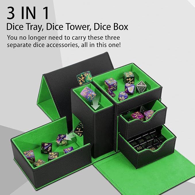 Dice Tower & Tray Storage Box, 3 in 1 Dice Holder Case (Rolling Tower Dice Storage Drawers, Rolling Tray), Leather Magnetic Closure DND Accessories Gifts for RPG MTG, Black/Green