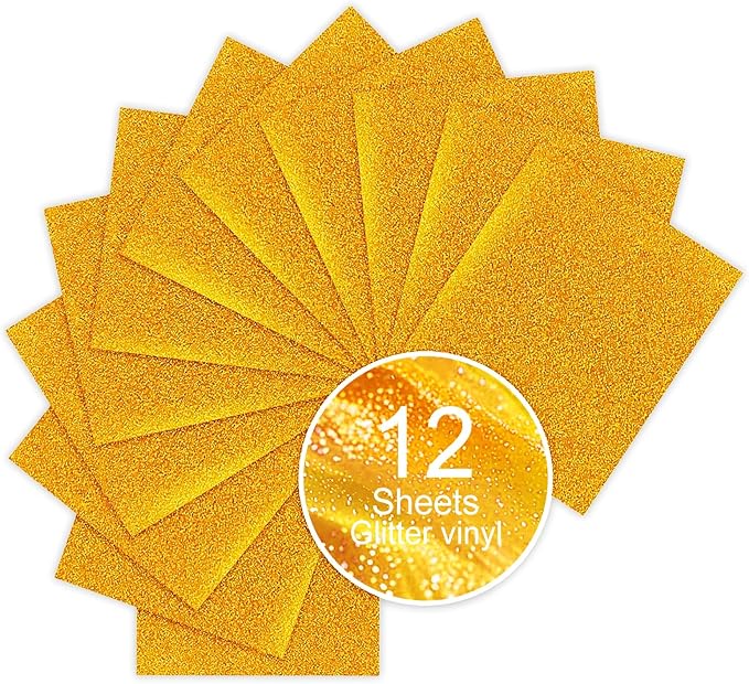 Gold Glitter HTV Sparkly Heat Transfer Vinyl – 12 Pcs 12x10Inch Iron-On Vinyl Sheets for T‑Shirts & DIY Craft Gifts, Easy to Cut & Weed, No‑Flake & Washable, Work with All Cutter Machines