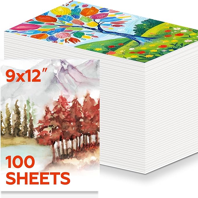 100 Sheets Watercolor Paper Bulk，9 x 12 Inch Cold Press 140 lb/300 GSM Water Color Paper for Kids Adults.Watercolor Drawing Paint Paper for Art Drawing Supplies