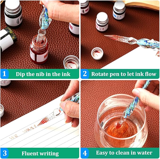 Zonon Glass Dipped Pen Ink Set 14 Pcs Include 6 Pcs Glass Dip Pen, 6 Colorful India Ink and 2 Holder Crystal Signature Calligraphy for Art, Writing, Signatures, Gift(Blue Color System)
