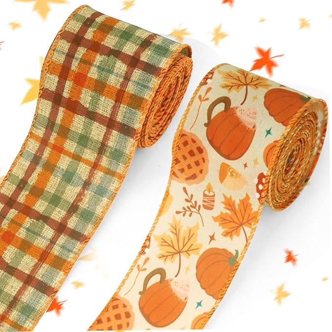 Threetols 2 Rolls 10 Yards Fall Wired Edge Ribbons, 2.5inch Orange Plaid Burlap Ribbon, Autumn Leaves Pumpkin Ribbon for Harvest Thanksgiving Party DIY Craft Fall Wreath Bow Decor