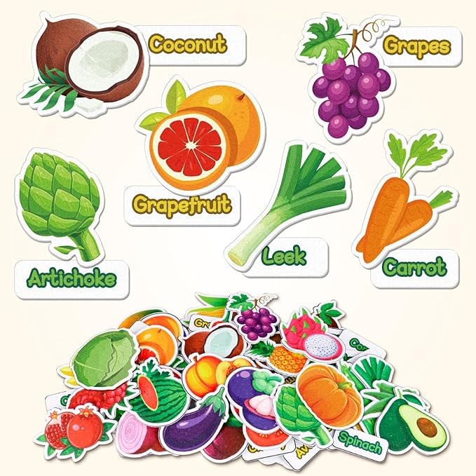 Kids Felt Board Set with 90 Fruits & Vegetables Pieces - Interactive Learning & Education Toys for Preschool Homeschool, Vibrant Colors Pretend Play Toys with Storage Bag & Velcro Dots