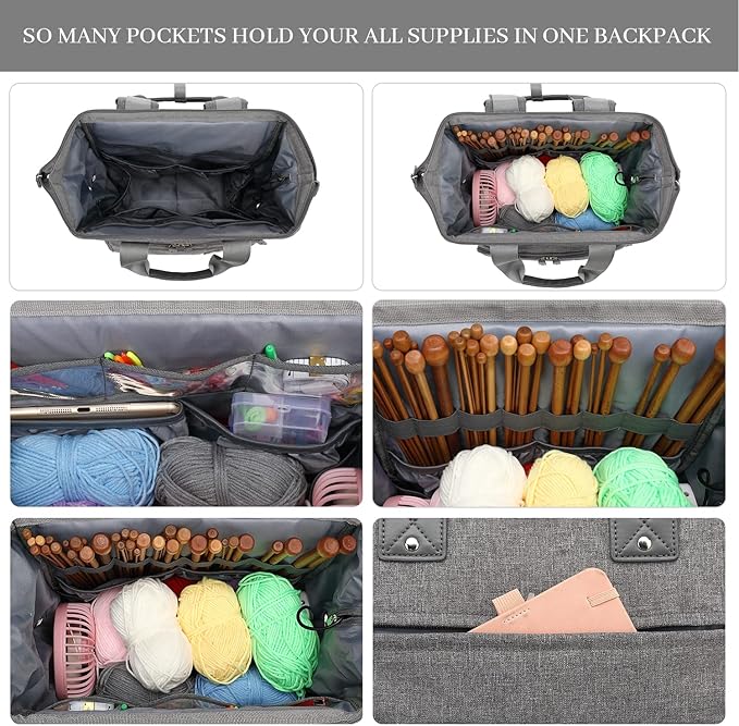 Knitting Bag Backpack Yarn Storage Organizer Travel Bag with USB Charging Port, Large Tote Bag Holder Case for Knitting Needles, Crochet Hooks, Accessories, Grey