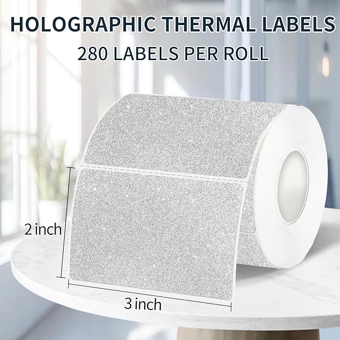 2" x 3" Glitter Silver Thermal Label Stickers,Waterproof Thermal Printer Sticker Labels for Gift Wrapping, Self-Adhesive Name Price Tag DIY Custom Logo Design (280 pcs,Silver)