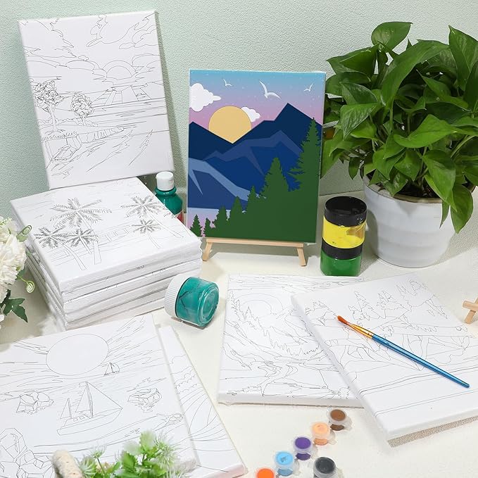 Zhanmai 12 Pack Pre Drawn Canvas for Painting Sip and Paint Kit 8" x 10" Paint Party Set Canvas Painting Pre Printed Canvases for Party Favor DIY Virtual Adult's Date Night(Landscape)