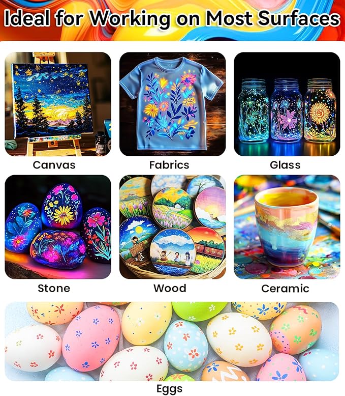 64 PCS Classic & Pastel & Metallic & Glow in the Dark Acrylic Paint Set with 12 Brushes, 2 Knives & Palette, 48 Colors Art Craft Paint for Beginners, Halloween Pumpkin Canvas Ceramic Rock Painting Kit