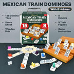 Queensell Mexican Train Dominoes Set Double 15 with 8 Holders - Wooden Hub and Tiles Holders - Double 15 with Dots (D15 + 8 Holders)