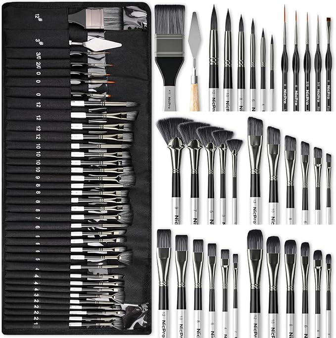 Nicpro 36pcs Paint Brush Set, Professional Paintbrushes with Palette Knife and Cloth Roll, Suitable for Artists and Beginners for Acrylic Painting, Oil, Watercolor, Gouache