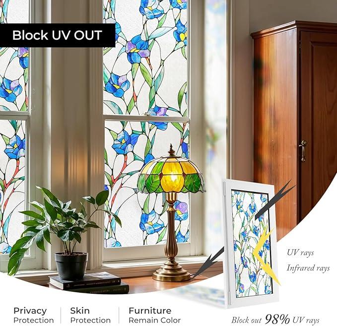 3D Stained Glass Window Film, Decorative Window Privacy Film for Bathroom,Front Door,Home, Sun Blocking Heat Control,Static Cling, Blue Eustoma 23.6inch x 35.4inch