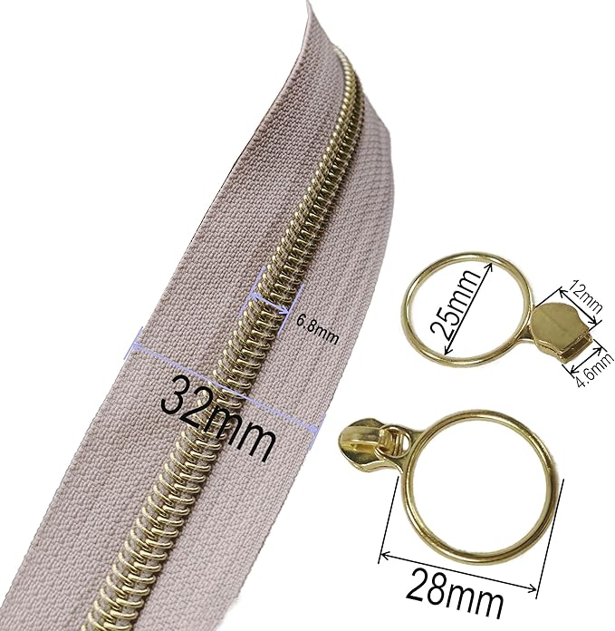 Leekayer #5 Gold Metallic Nylon Coil Zippers by The Yard Bulk 10 Yards Beige Zipper Tape with 25pcs Gold Ring Pull Sliders for DIY Sewing Tailor Craft Bag(Beige)