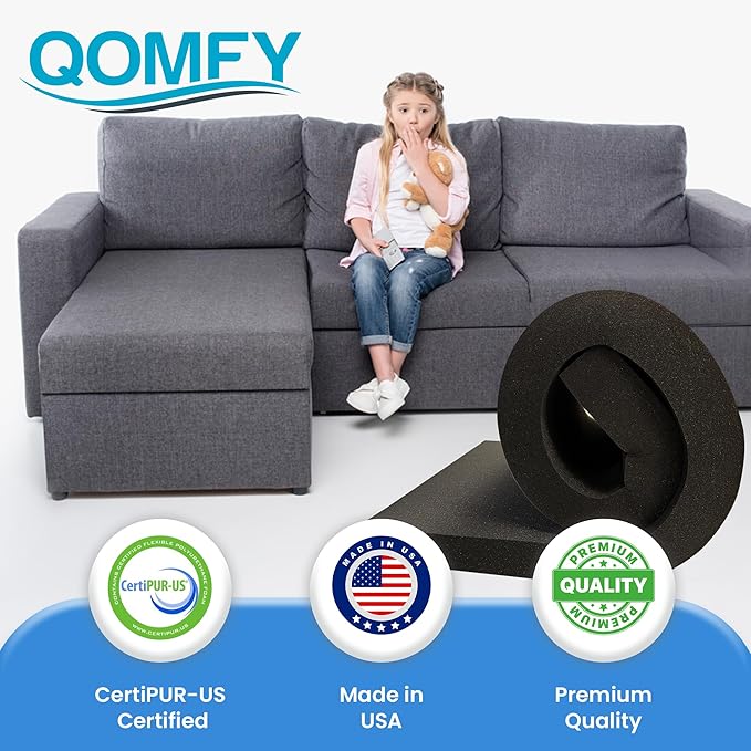 QOMFY 6" Height x 18" Width x 42" Length Charcoal Upholstery Foam Sheet | Made in USA | Multi-Purpose Foam for Upholstery, DIY, Packaging & Acoustic Projects