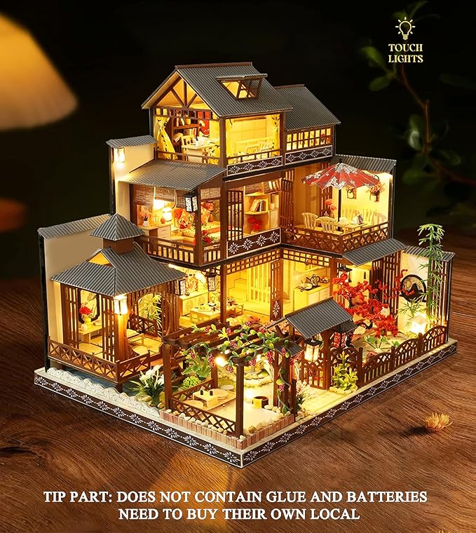 Spilay DIY Dollhouse Miniature with Wooden Furniture,DIY Dollhouse Kit Big Japanese Courtyard Model with LED & Music Box,1:24 Scale Creative Room Gift Idea for Adult Friend Lover (Yaquan Courtyard)