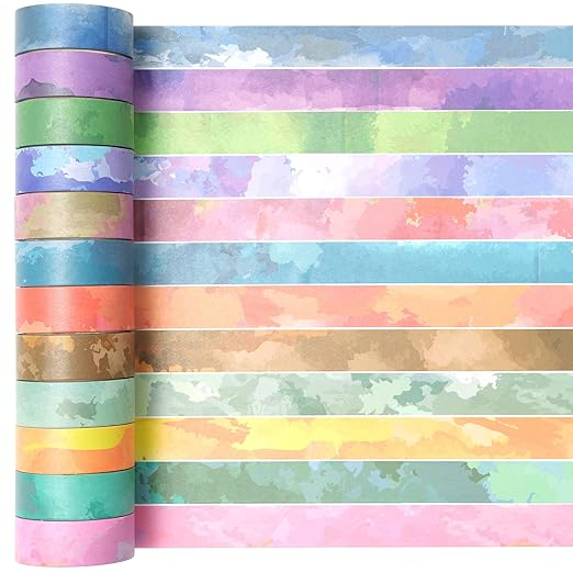 YUBX Watercolors Washi Tape Set 12 Rolls Pastel Colors Masking Macaron Graphic Decorative Tapes for Arts, DIY Crafts, Journals, Planners, Scrapbook, Wrapping