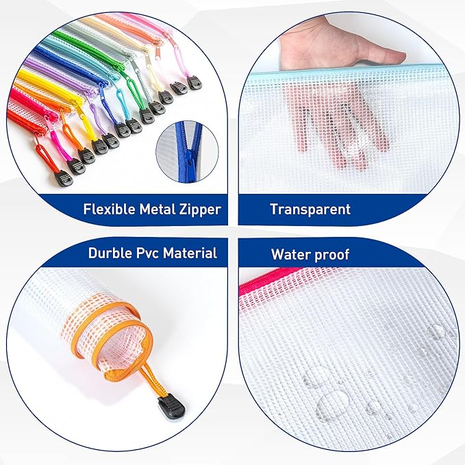 9pcs A4 Mesh Zipper Pouch Bags, 9 Colors, PVC Material, Reusable, Transparent, Zip Closure, Perfect for Toy Storage, Office Organization
