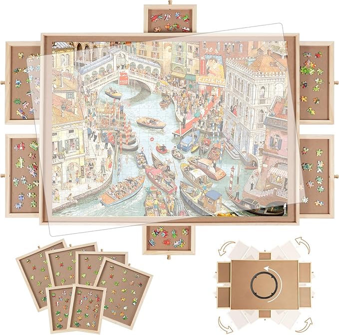 1500 Pieces Rotating Puzzle Board with 6 Drawers,34.25"x25.2" Portable Wooden Jigsaw Puzzle Table with Lazy Susan Spinning Cover