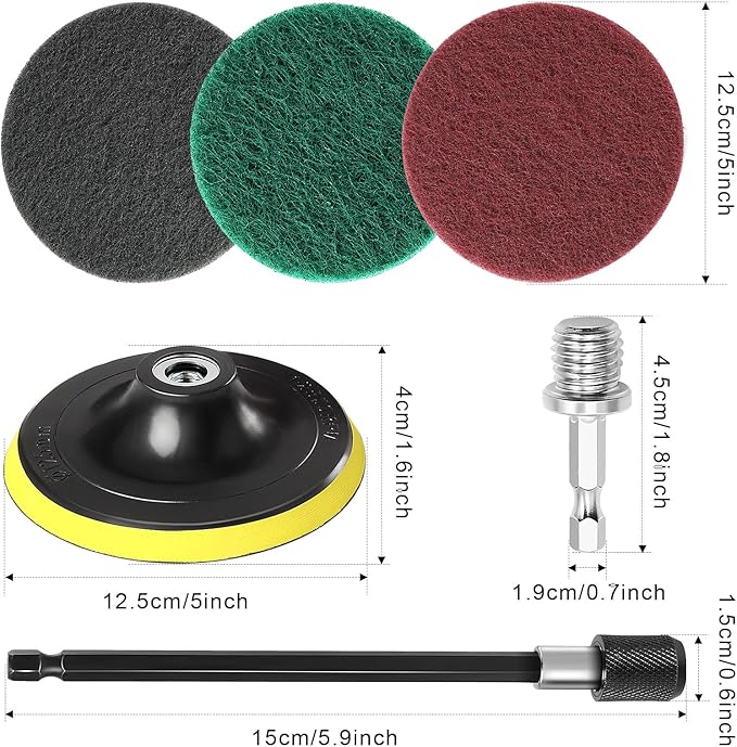 Power Scrub Pads Drill Attachment, GOH DODD 15 Pieces 5 Inch Headlight Restoration Kit Cleaning Kit Scouring Pads with Baker and Universal Shaft for Kitchen, Bathroom, Grout, Carpet, Tub, Grill, Tile