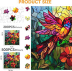 Wooden Puzzles for Adults, Stained Glass Puzzles 200 Pieces, Unique Shaped Hummingbird Jigsaw Puzzles for Adults and Kids, Birthday Gifts Fun Family Game 11.2'' x 11.2''