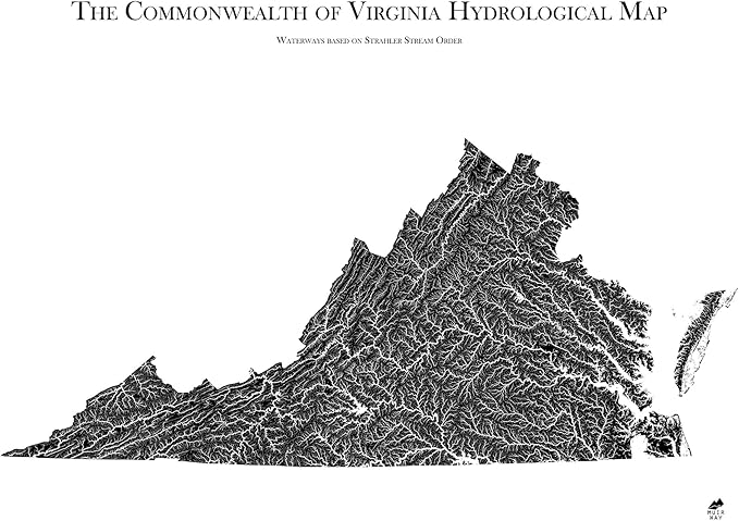 Muir Way Hydrological River Map of Virginia - Watershed Topographic Wall Art for Home, Office, or Travel Decor - Unframed Flat Paper Print, 18x24