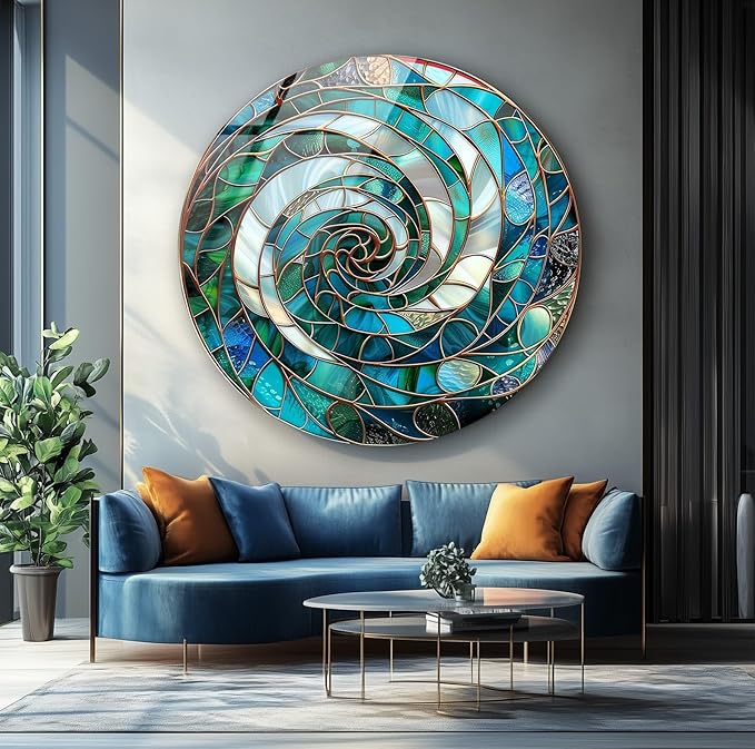 My Photostation.com 27.5''(70cm) Diameter Aqua Spiral Harmony Round Glass Wall Art Tempered Glass Printing Wall Decor Large Wall Art Wall Hangings