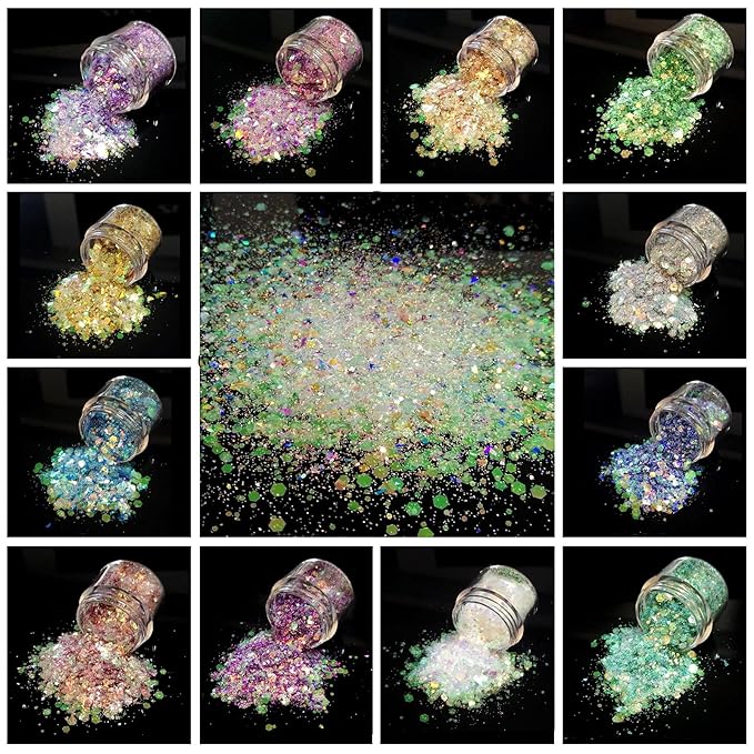 Allstarry 12 Colors Chunky Glitter Holographic Craft Glitter Cosmetic Nail Art Sequins Mixed Fine Glitter Flakes for Nails Art Decoration Hair Eyes Face Body, Resin Tumblers, Epoxy, Slime
