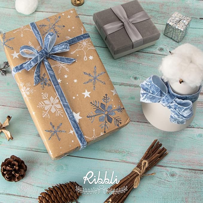 Ribbli Dusty Blue Velvet Ribbon 3/8 Inches Luxury Crinkled Blue Christmas Ribbon for Gift Wrapping Crafts Home Decor-Continuous 10 Yard
