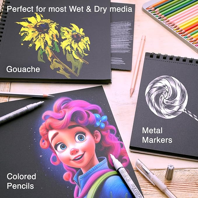 ARTISTIC EYE 9x12 Premium Black Paper Pads, Spiral Bound Sketchbook, Pack of 2, 70 Sheets (150g/m2), Acid-Free Drawing Paper, Ideal for Kids, Teens & Adults
