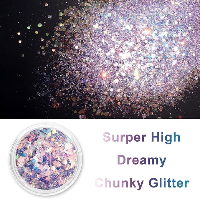 Renfio Opal Chunky Glitter, 1.75oz/50g Purple Glitter, Dreamy High Sparkle Glitter for Crafts Holographic Fine Glitter Mix Iridescent Glitters Flake for Nails Art Hair DIY Snow Globe - Lilac Asterism
