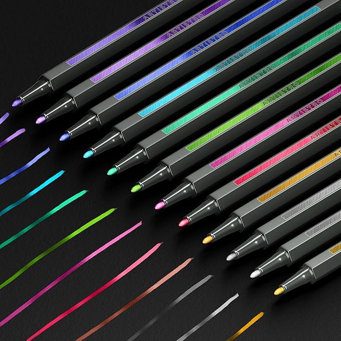ARTISTRO 12 Metallic Markers with Fine Tip, Metallic Acrylic Paint Pens, Pre-Activated, for Kids & Adults, for Black Paper & Rocks