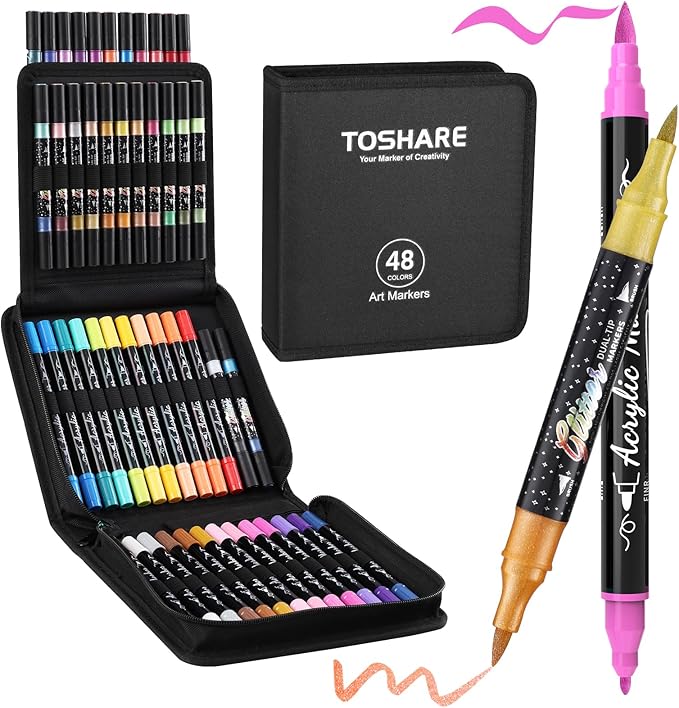 TOSAHRE 72 Colors Dual Tip Glitter Markers & Acrylic Marker Set Paint Pens 24 Pack+ Glitter Brush Marker 24 Pack (48 Colors) for Coloring Rock Wood Painting Scrapbooking Card Making & DIY (48 Pack)
