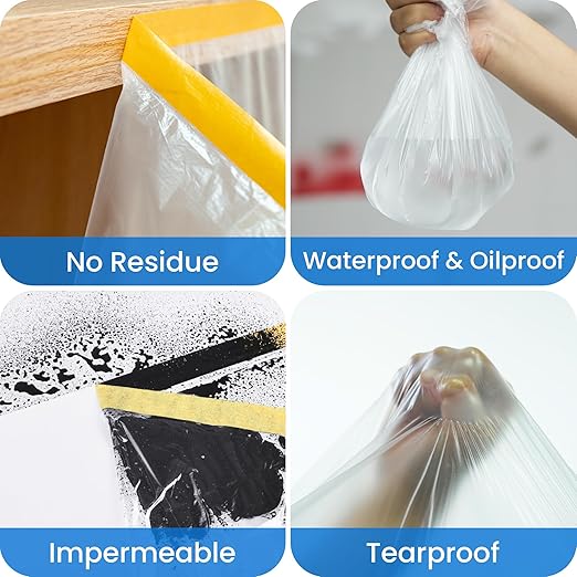TAPEBEAR Pre-Taped Masking Film 9feet x 90feet(2600mmx 27m), Plastic Cover for Painting, Tape and Drape, Plastic Sheeting for Automotive, Floor, Appliance and Furniture, 3Rolls