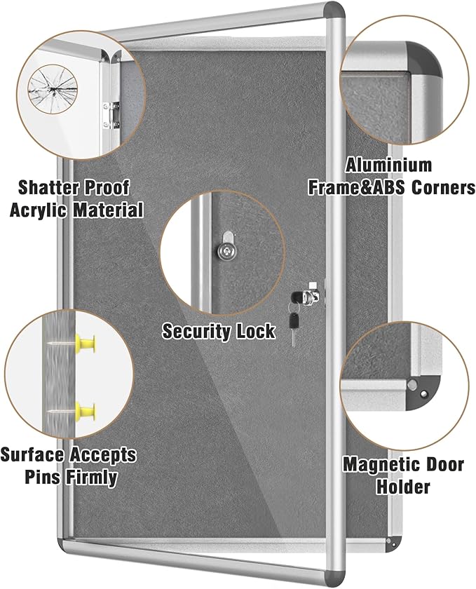 36"x24" Enclosed Bulletin Board, Lockable Weather-Resistant Aluminum Cork Noticeboard for School & Office, Silver Frame w/Grey Flet