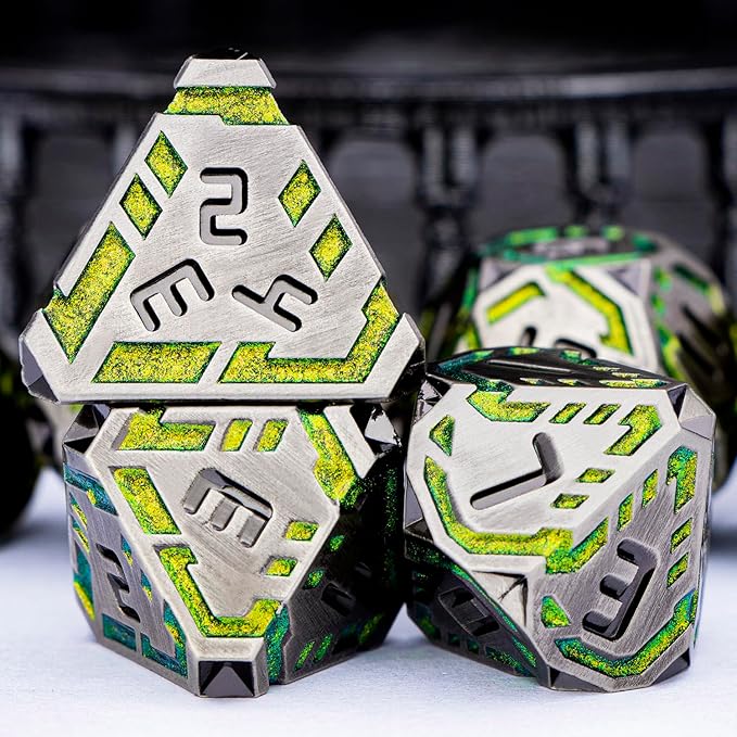 Metal DND Sci-fi Dice Set 7PCS Stripe Polyhedral Dice for Dungeons Dragons RPG Role Playing Game, Glitter D and D Dice with Gift Box D6 D8 D10 D12 D20 (Grey&Green Yellow)