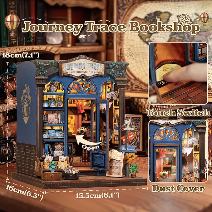 CUTEBEE Book Nook Kit - DIY Miniature House Dollhouse Kit for Adults and Teens, Booknook Tiny House Bookshelf Decor 3D Wooden Puzzle, Gifts for Family, Friends (Journey Trace Bookshop)