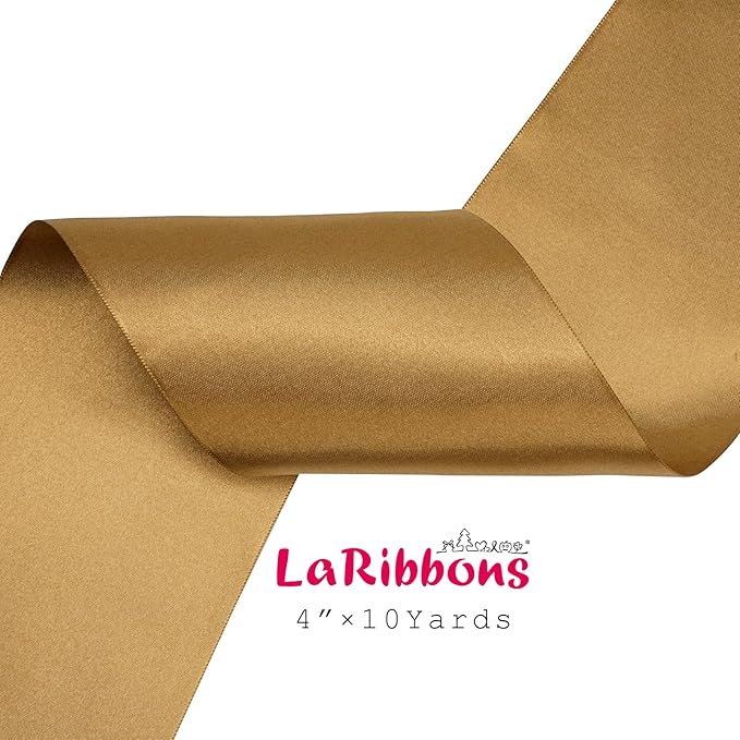 LaRibbons Pale Gold Satin Ribbon 4 Inch 10 Yards Double Faced Luxury Pale Gold Silk Ribbon for Gift Wrapping Flower Bouquets Bow Christmas Wedding Party Decoration