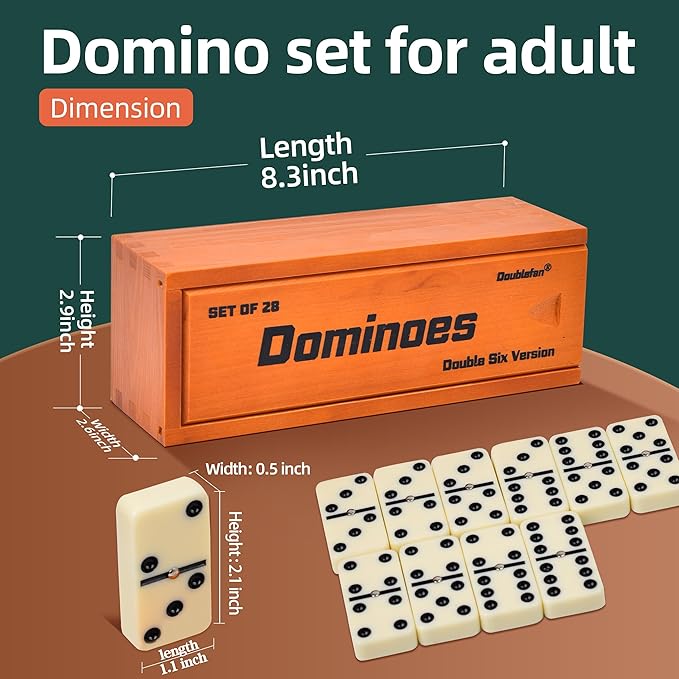 Dominos Set for Adults, Jumbo Size Double 6 Dominoes Set, Classic Board Game for Adults and Elderly, Double Six Thick Size Domino with Spinner 28 Tiles in Exclusive Brown Wooden Box.