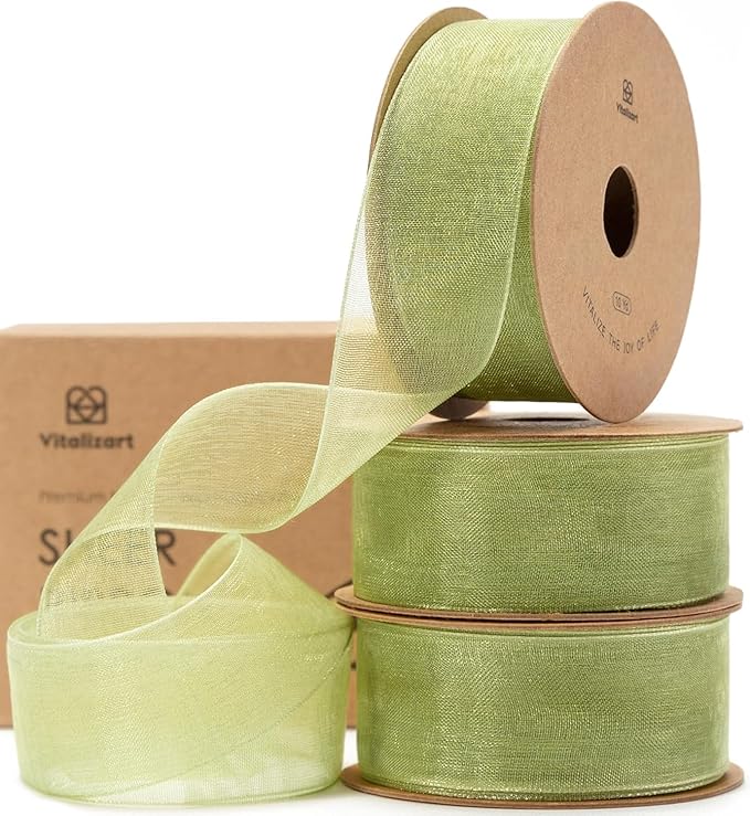 Vitalizart Sage Green Ribbon Organza Sheer Ribbon 1 inch x 30 Yd Handmade Fabric Ribbons for Gift Wrapping Christmas Tree Crafts Bows Wedding Invitations Wreaths Wrap