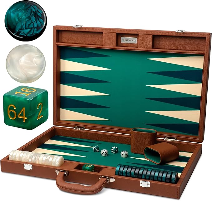 19 Inch Premium Backgammon Sets for Adults Leather Brown - Green. Premium 1.6 Inch Checkers & Dice Set, Travel Backgammon Set, Large, Backgammon Board Game, Backgammon Game Set