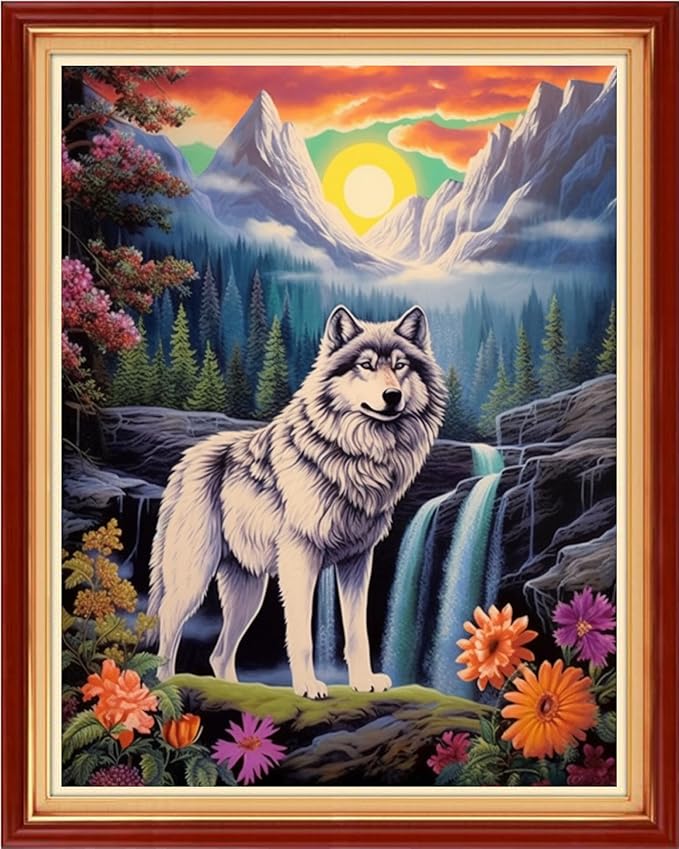 Magxvouy Cross Stitch Kits Stamped Full Range of Embroidery Kits,Cross Stitch Patterns Needlework Kits for Beginners 11CT Printed Kits&Wolf Waterfall 16x20 inch