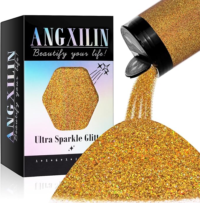 Holographic Fine Glitter for Epoxy Resin DIY Craft,ANGXILIN High Capacity 260g Shaker Bottle Fine Glitter for Nail Art Face Body Make Up,Tumblers Earrings Jewelry Making Fine Glitter (Laser Gold)